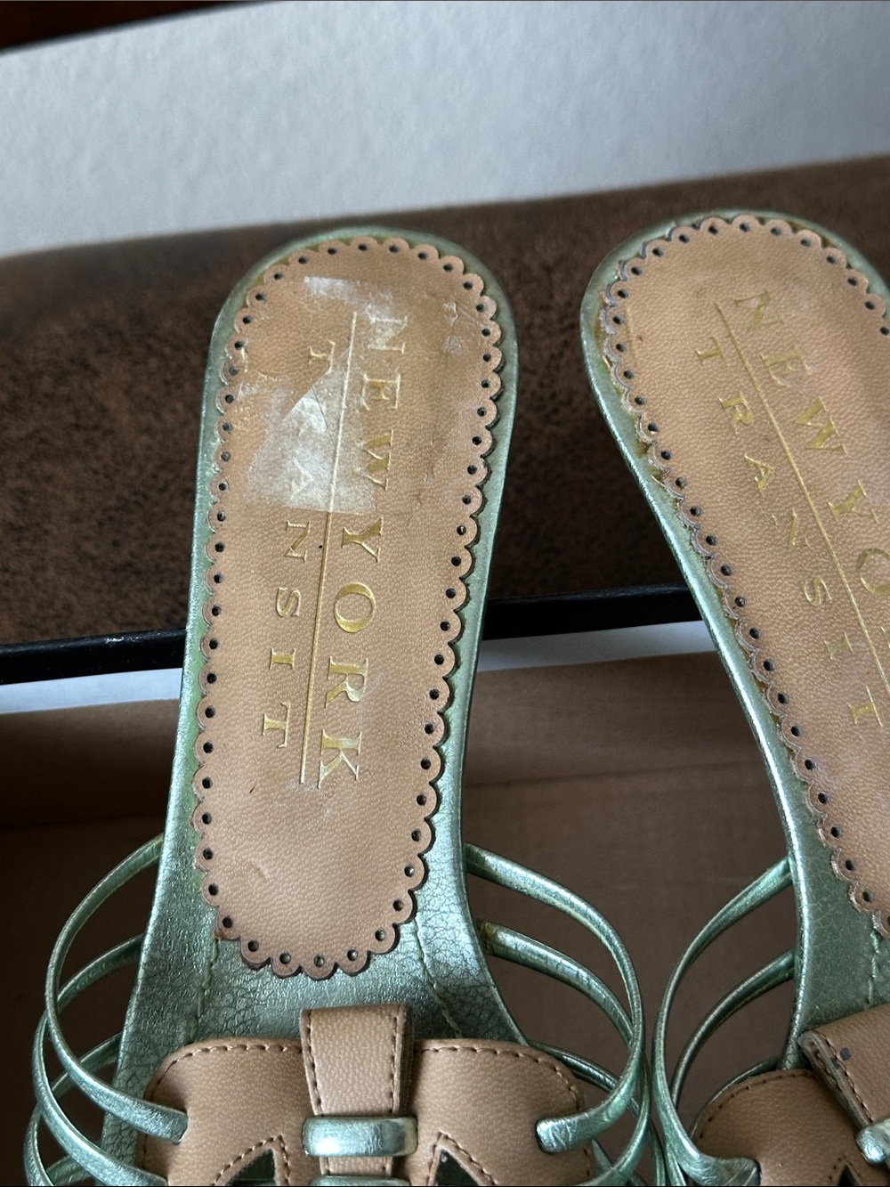 New York Transit Metallic Mint and Tan Slide Mules - Picture 3 of 12